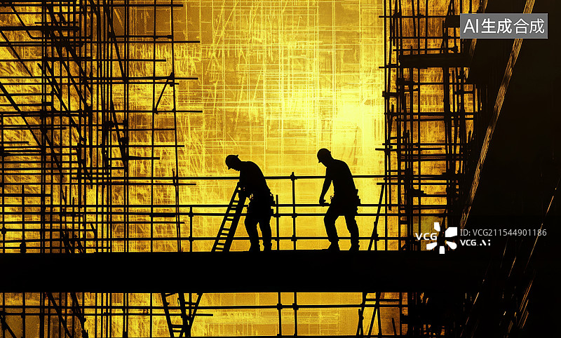 【AI数字艺术】一个建筑工地在日落时分的景象。天空被染成了橙色和金色，工地上高耸的起重机，工人们和正在施工的大楼剪影图片素材