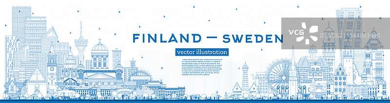 芬兰和瑞典的天际线轮廓，蓝色背景图片素材