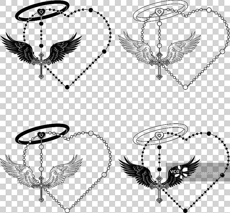 带翅膀的基督教十字架与心形念珠图片素材