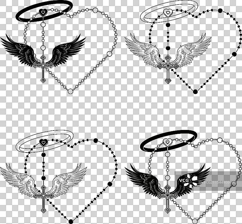 带翅膀的基督教十字架与心形念珠图片素材