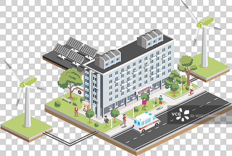 带有太阳能电池板的医院等轴测建筑图图片素材