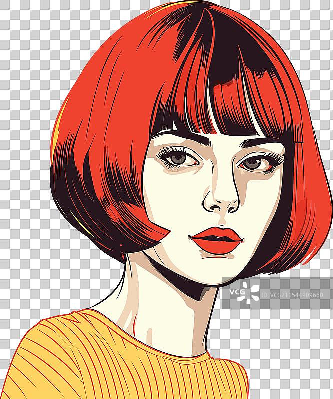 短发红发美少女波普艺术线条图图片素材
