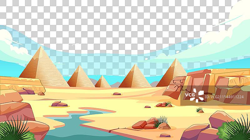 沙漠场景中的金字塔卡通画图片素材