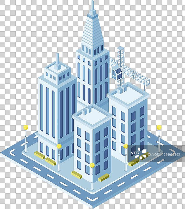 正在发展的城市景观的等距视图，特色包括图片素材