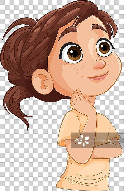 卡通女孩思考时托着下巴图片素材