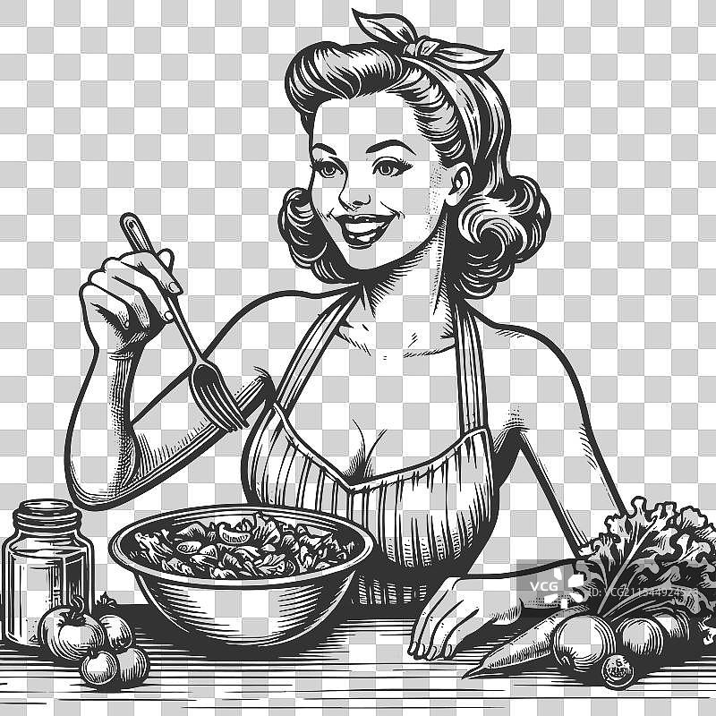 微笑的复古女性在厨房准备沙拉图片素材