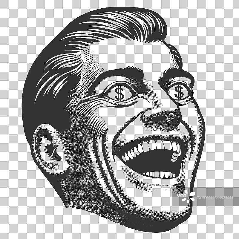 带有美元符号眼睛的男人雕刻画图片素材