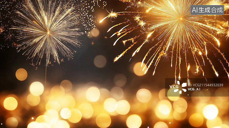【AI数字艺术】节日庆祝海报——金色烟花绽放图片素材