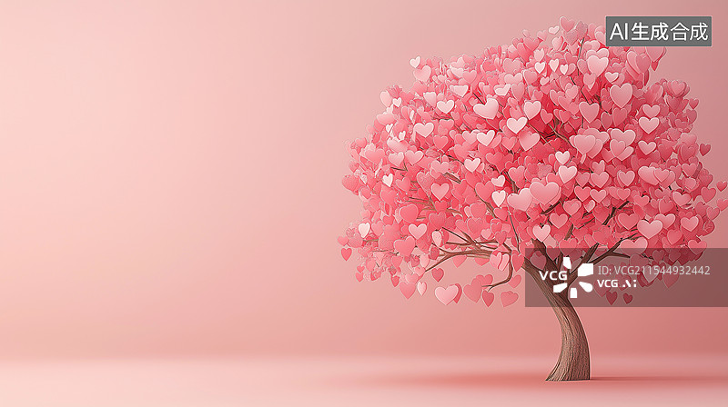 【AI数字艺术】粉色情人节浪漫背景——一棵长满爱心树叶的树图片素材