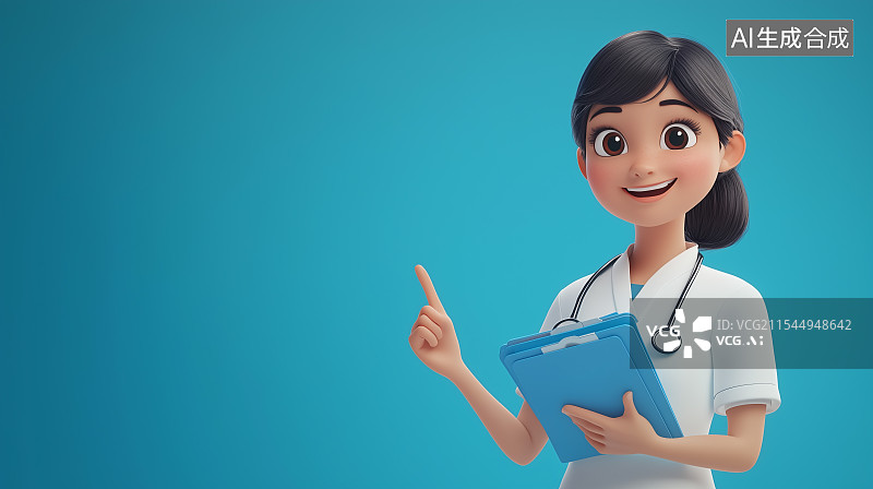 【AI数字艺术】面带笑容的卡通女护士半身像，手持蓝色文件夹，身着白大褂，食指指向上方图片素材