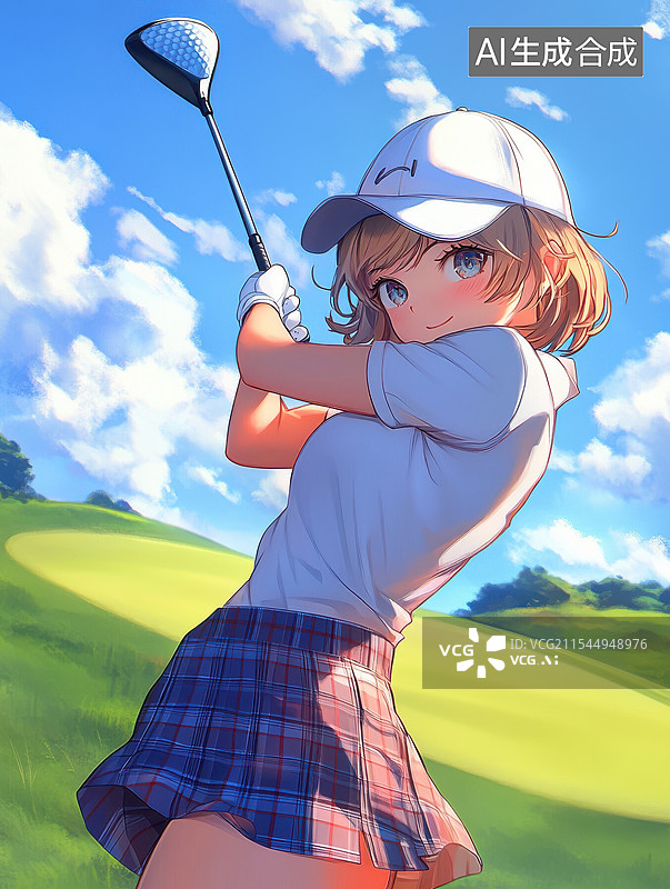 【AI数字艺术】二次元卡通动漫女孩挥动高尔夫球杆图片素材