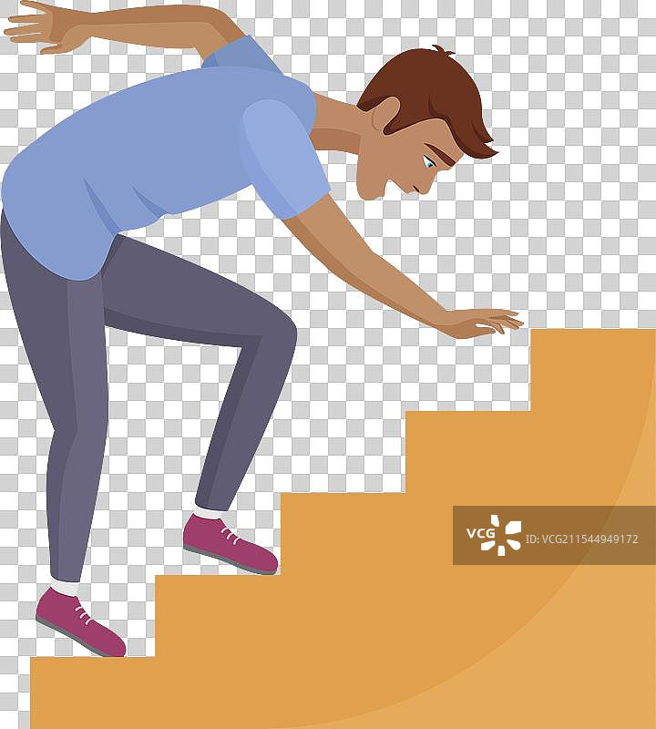 一个粗心的男人快速跑上楼梯并摔倒图片素材