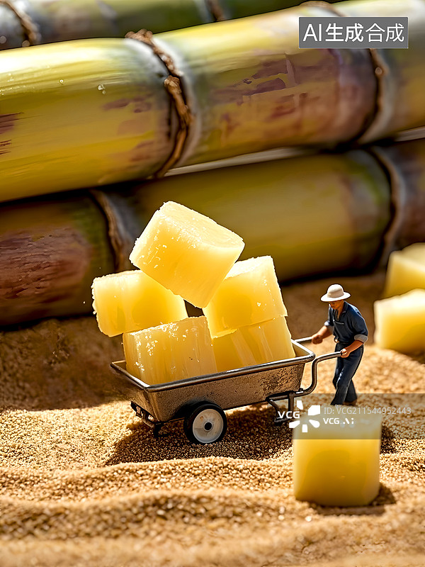 【AI数字艺术】微距摄影，搬运工小人推着装着甘蔗的小推车图片素材