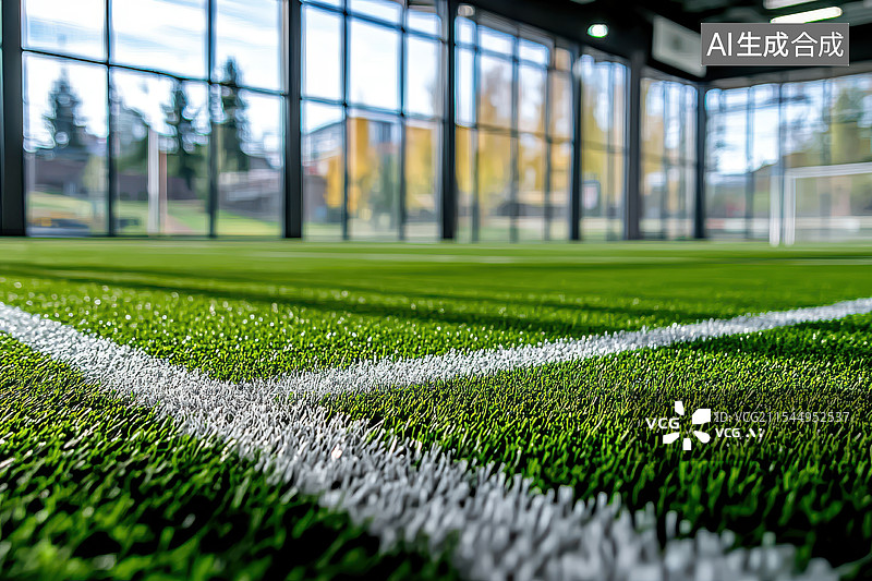 【AI数字艺术】室内足球场的草坪和白色标线特写图片素材