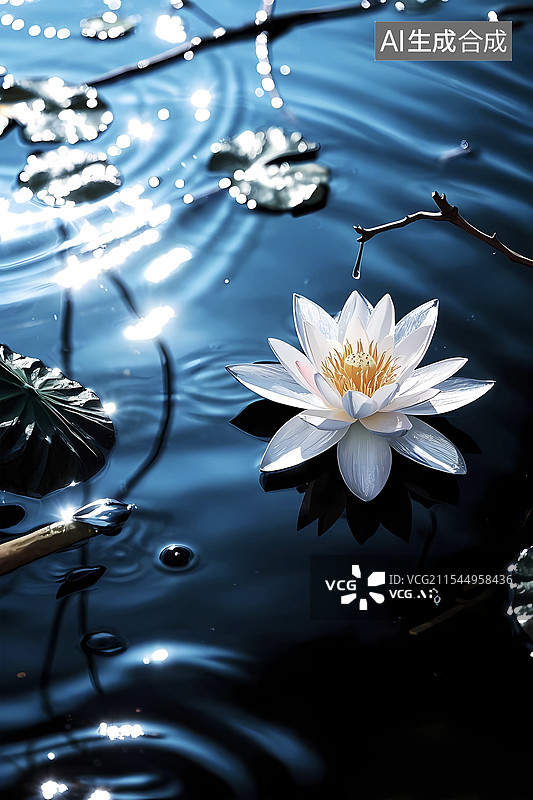 【AI数字艺术】夜晚中的清新白色睡莲图片素材