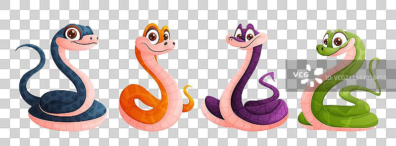 一组四条可爱的绿色、黄色和蓝色蛇图片素材