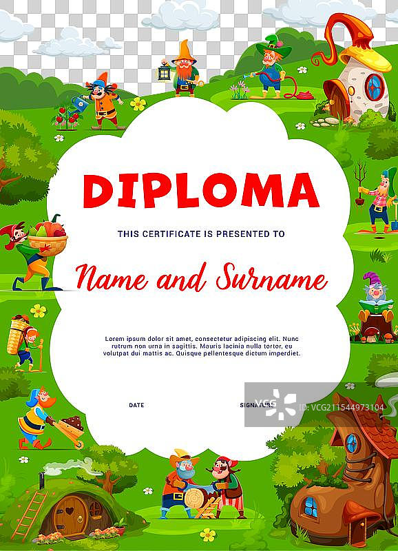 孩子在童话村庄中获得文凭，身边有花园侏儒图片素材