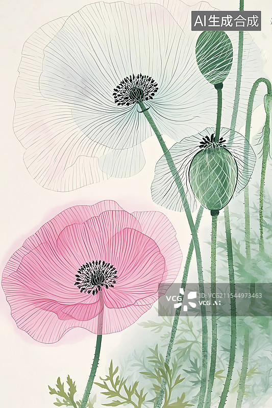 【AI数字艺术】淡彩水墨透明唯美虞美人罂粟科图片素材
