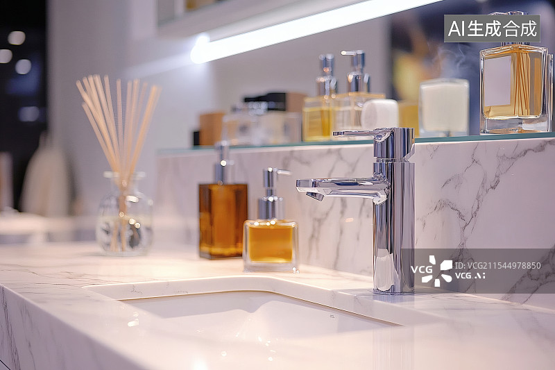 【AI数字艺术】浴室洗漱台上摆放着各类香水和洗手液图片素材