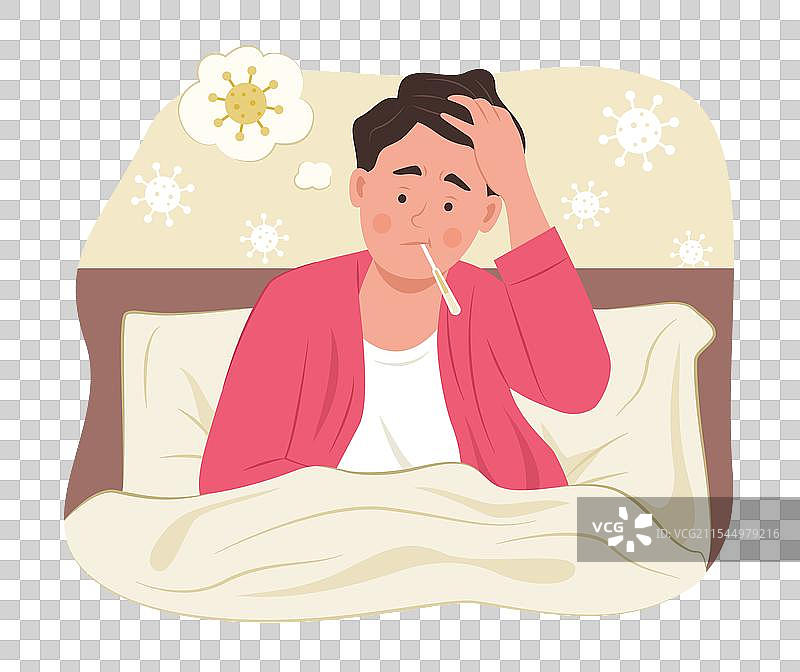 生病的男人用温度计测量体温图片素材