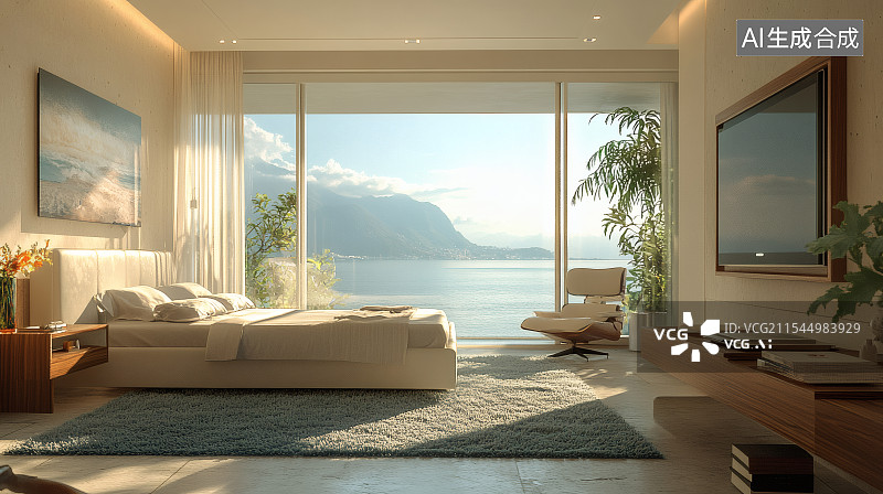 【AI数字艺术】度假别墅中的湖景客房图片素材