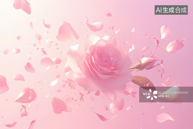 【AI数字艺术】粉色的玫瑰花与花瓣飘在空中图片素材