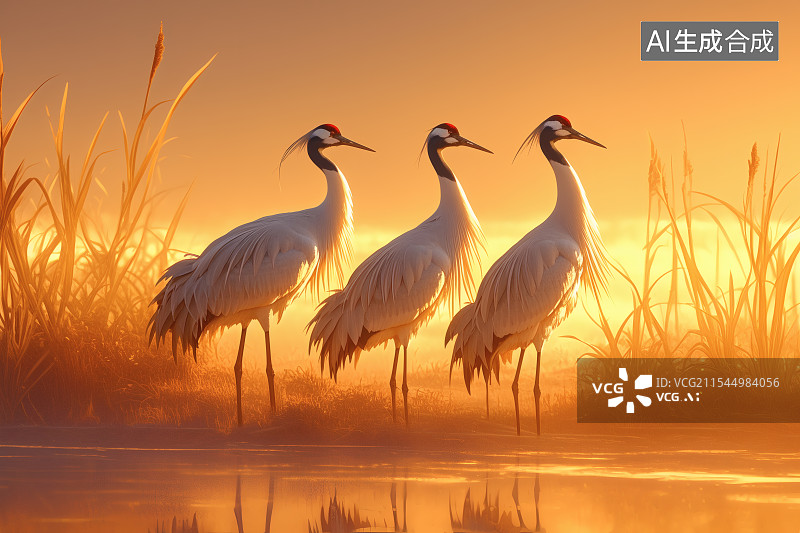 【AI数字艺术】一群丹顶鹤站在晚霞中的芦苇荡中图片素材