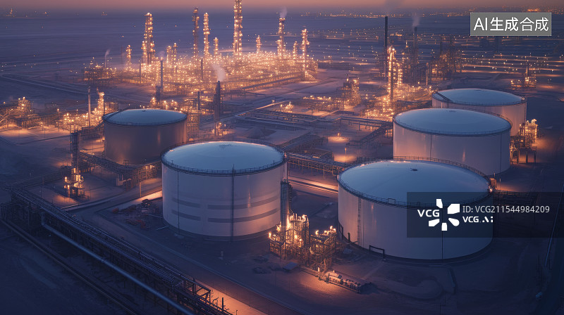 【AI数字艺术】夜晚灯火通明的炼油厂储油罐图片素材