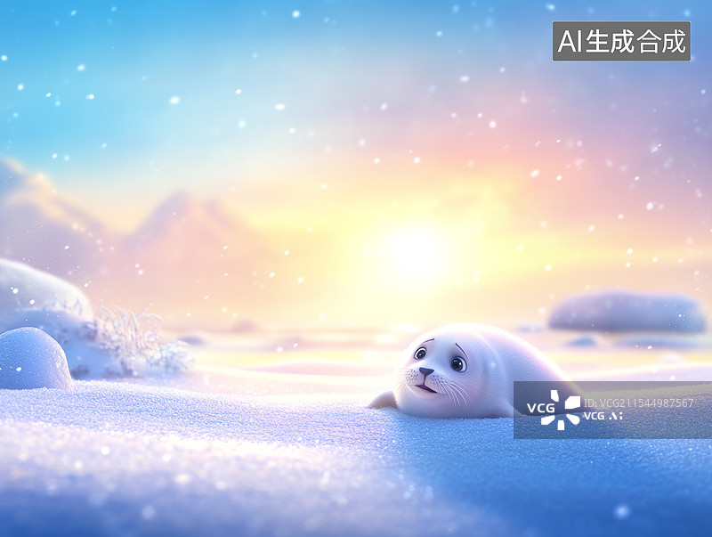 【AI数字艺术】可爱的小海豹爬在雪地图片素材