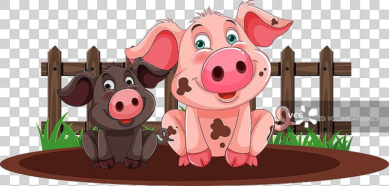 两个卡通小猪在泥巴里靠近栅栏图片素材