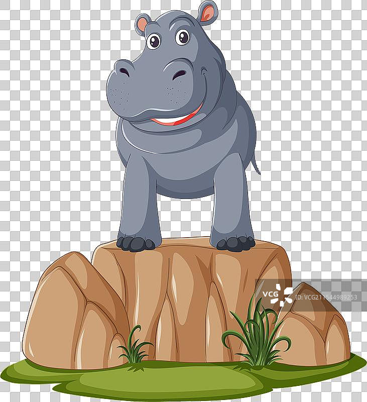 一只快乐的卡通河马站在岩石上图片素材