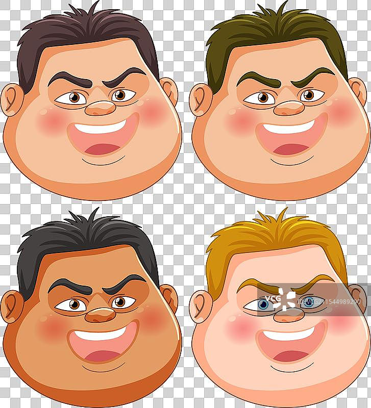 四个风格化的男性面孔展示不同的表情图片素材