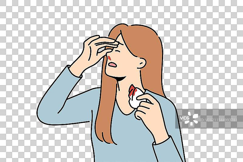 女孩手拿手帕，流鼻血，成为受害者图片素材