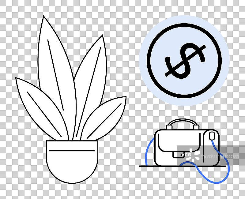 盆栽植物、美元符号和公文包的描绘图片素材