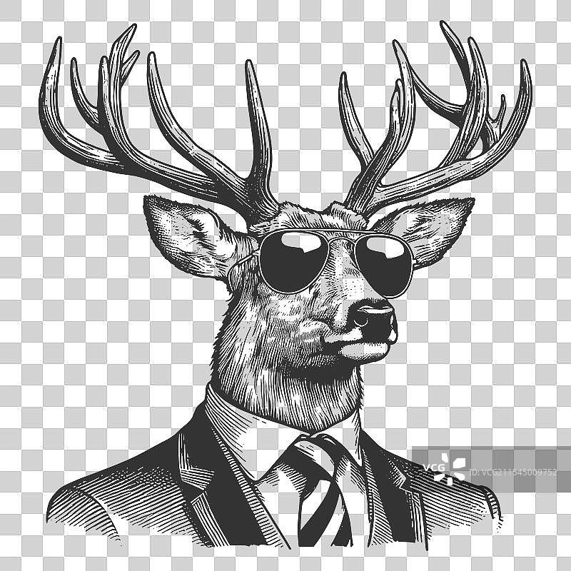 穿着西装、戴着太阳镜的时髦鹿雕刻图案图片素材