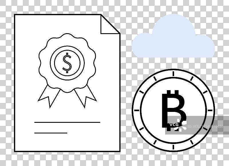 金融文件、比特币硬币和云朵符号图片素材