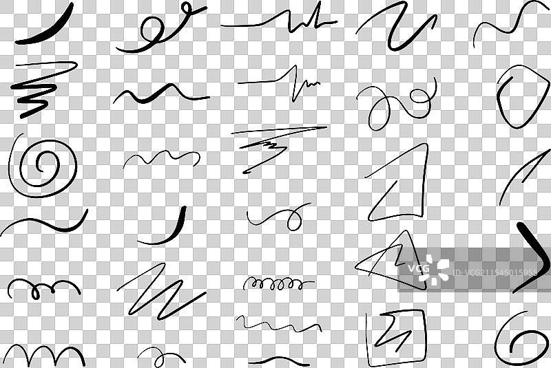 一组不同曲线、线条和涂鸦标记图片素材
