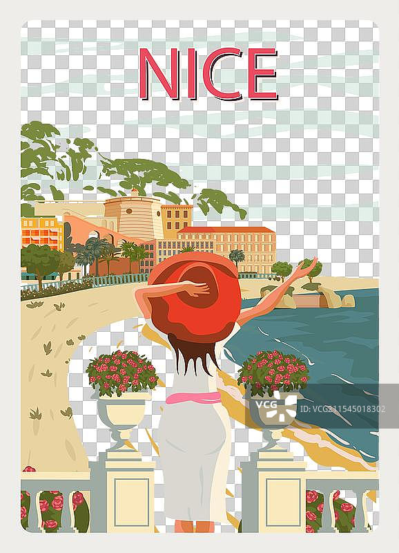 优雅的法国里维埃拉海岸复古海报上的女性图片素材