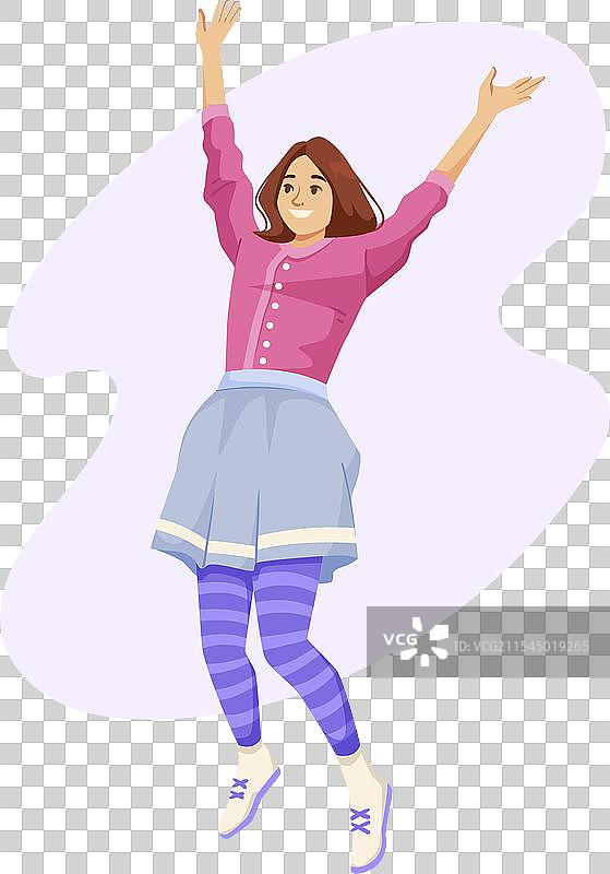 一位穿着粉色衬衫和蓝色裙子的女性正在跳跃图片素材