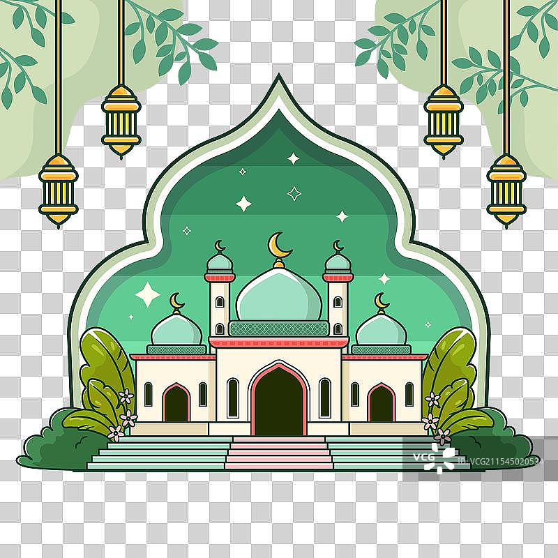 清真寺与背景中的灯笼和树木图片素材