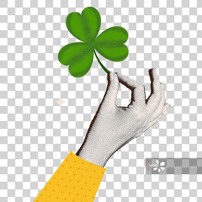 复古半色调拼贴手握三叶草图片素材