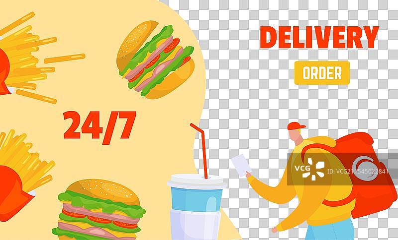 送货员戴着红色帽子，穿着黄色夹克，手里拿着东西图片素材