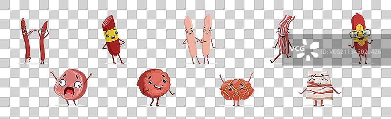 有人性化的肉制品角色，带有面孔和图片素材