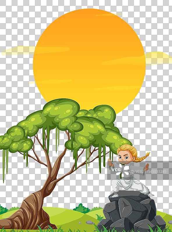 一个女孩坐在树下，享受日落时分。图片素材