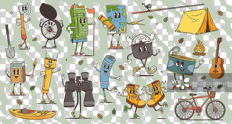 复古风格的卡通旅行露营角色图片素材