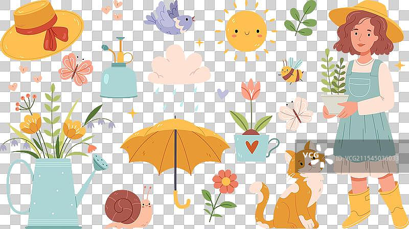 一组可爱的春季手绘花朵和雨伞图片素材