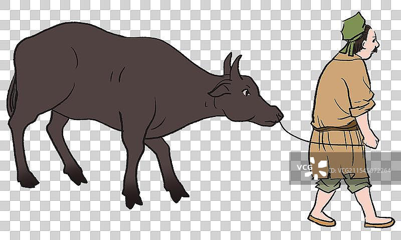 中国风新中式古风古典传统文化古装古人古古时候历史文化传统乡村乡下田园风光牵牛耕田耕牛农民插画图片素材