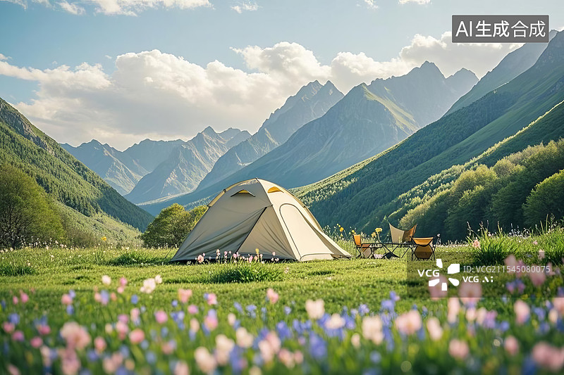 【AI数字艺术】春天里高山下露营地里的帐篷图片素材