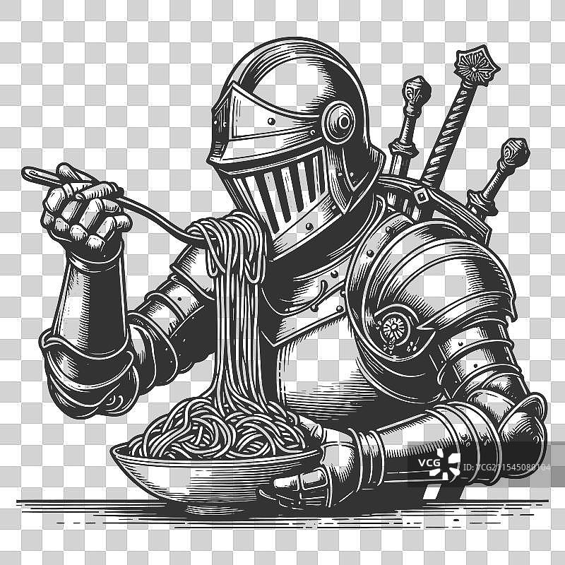 穿着盔甲的骑士吃意大利面雕刻画图片素材