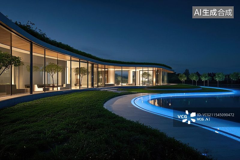 【AI数字艺术】现代建筑夜景，曲线美学建筑设计图片素材